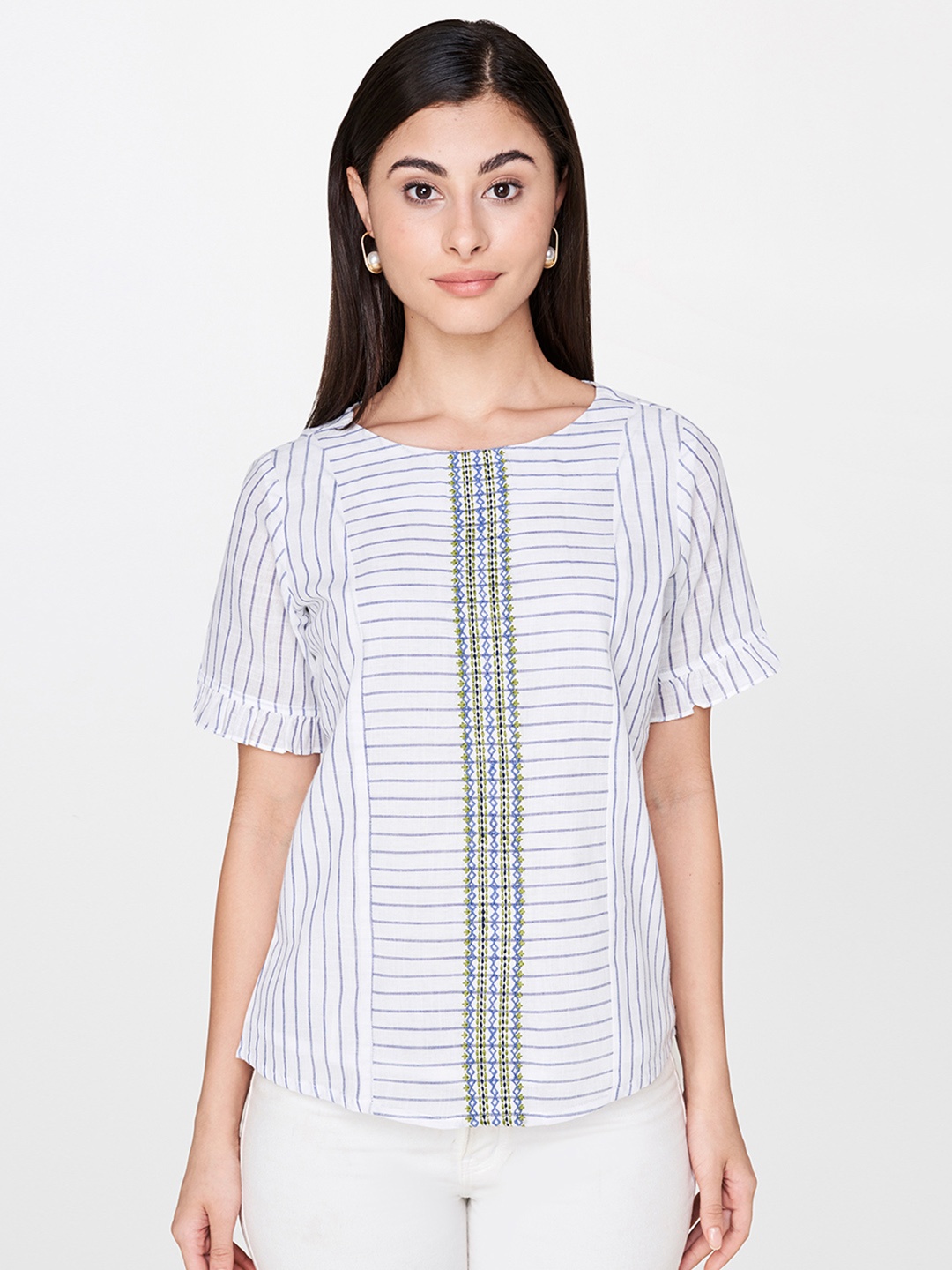 AND Women White & Blue Striped Pure Cotton Top