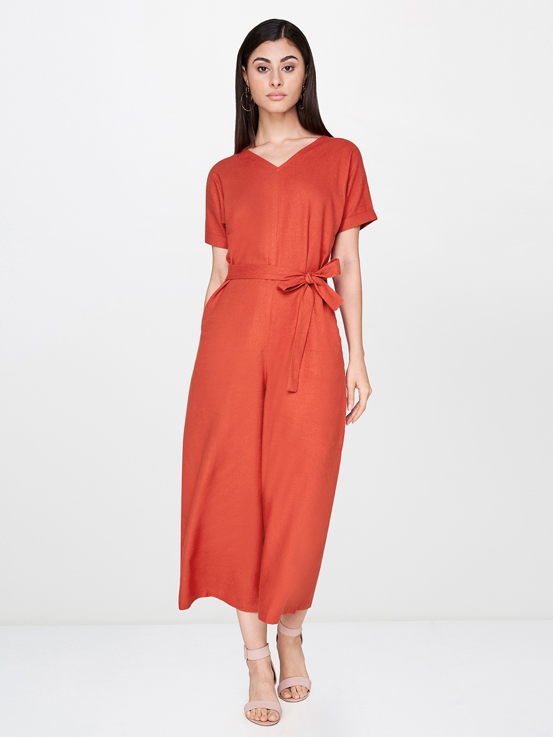 

AND Women Rust Orange Solid Basic Linen Jumpsuit