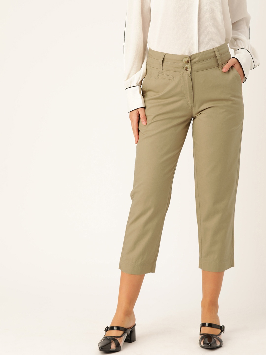 

AND Women Brown Skinny Fit Solid Formal Cropped Trousers