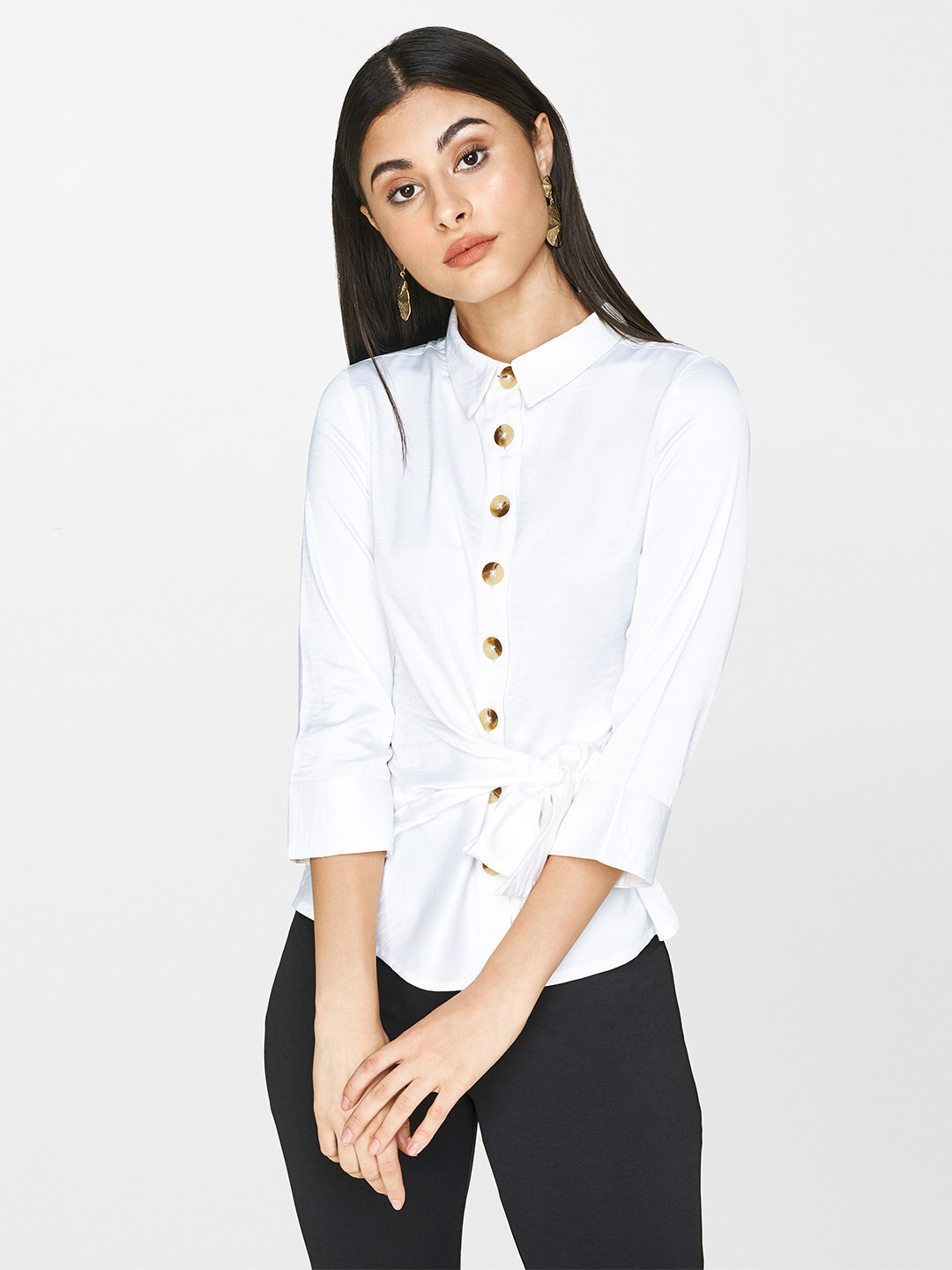 

AND Women White Solid Shirt Style Top With Waist Tie-Up