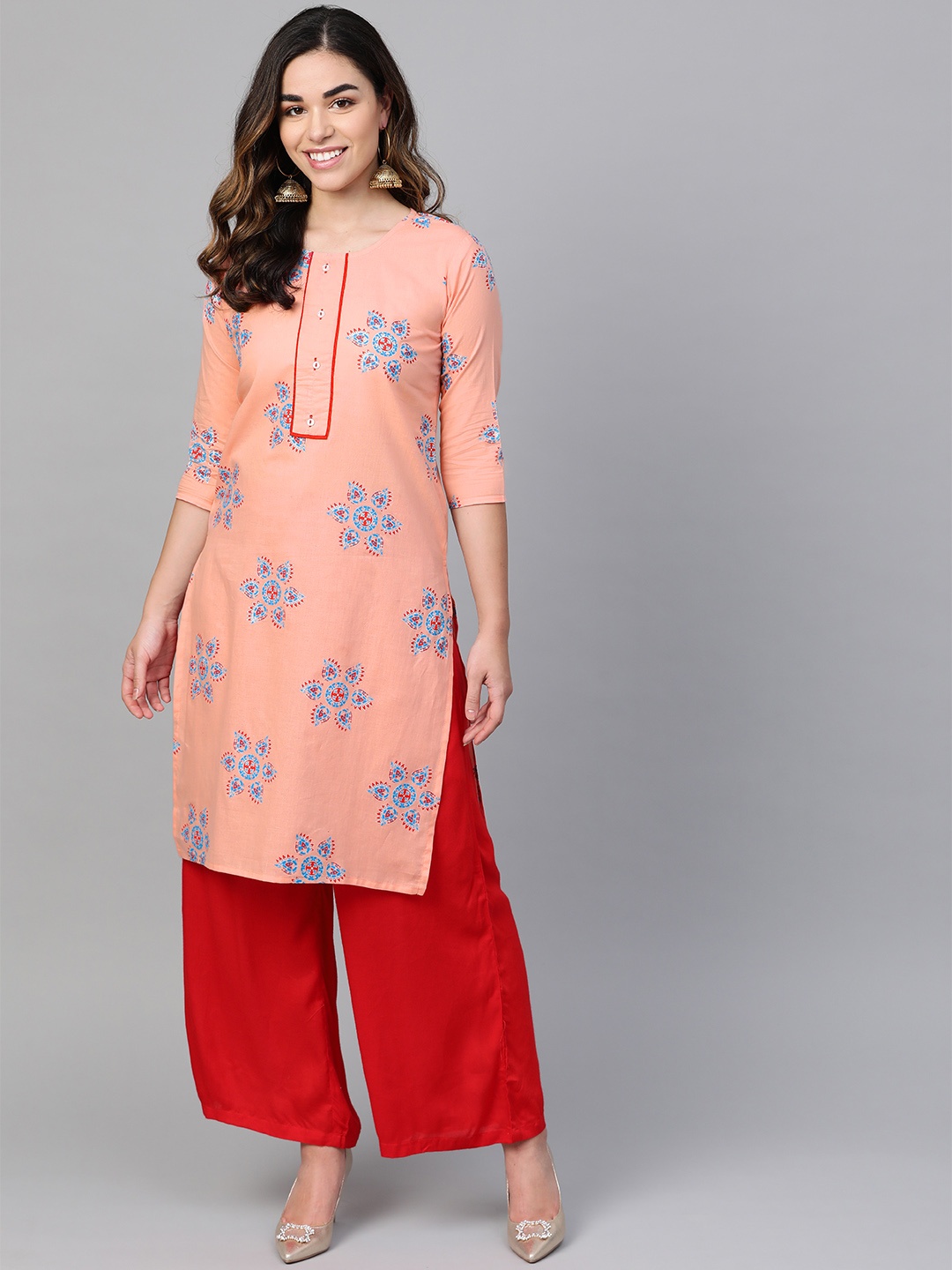 

Anubhutee Women Peach-Coloured & Blue Printed Straight Kurta