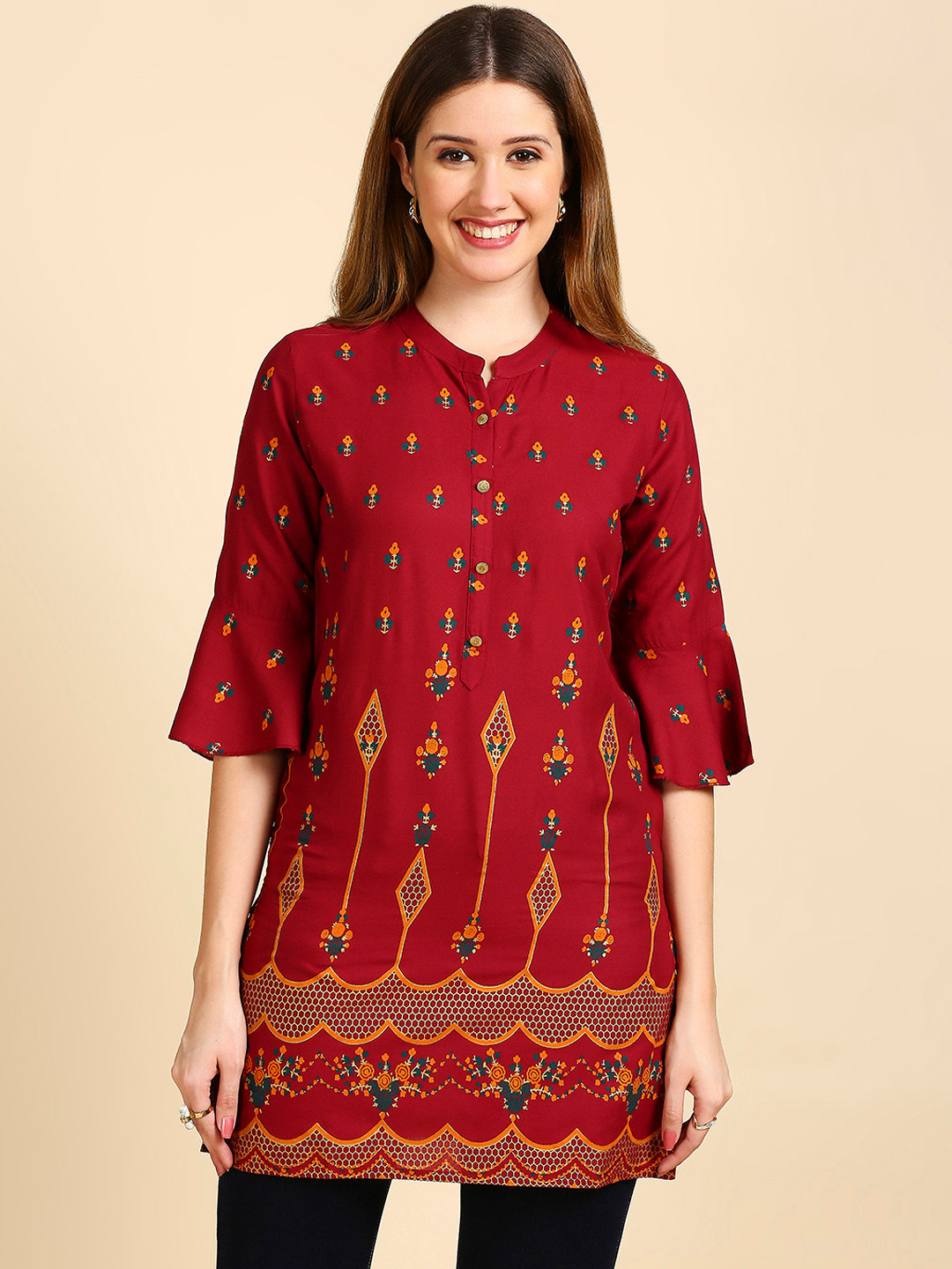 

Anubhutee Women Maroon & Golden Printed Straight Kurti