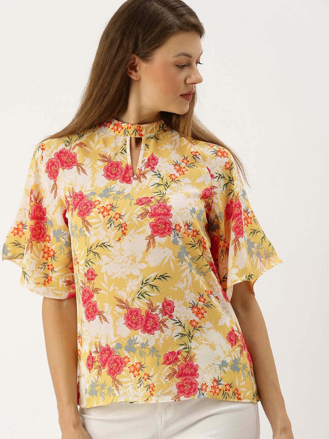 

AND Women Yellow & Pink Printed Top With Flared Sleeves