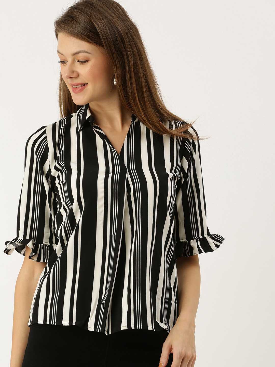 

AND Women Black & White Striped Top With Bell Sleeves