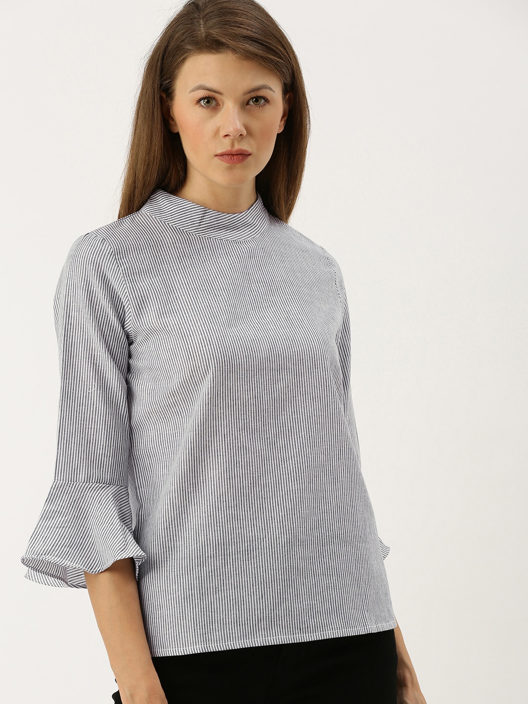 

AND Women White & Navy Blue Striped Top With Bell Sleeves