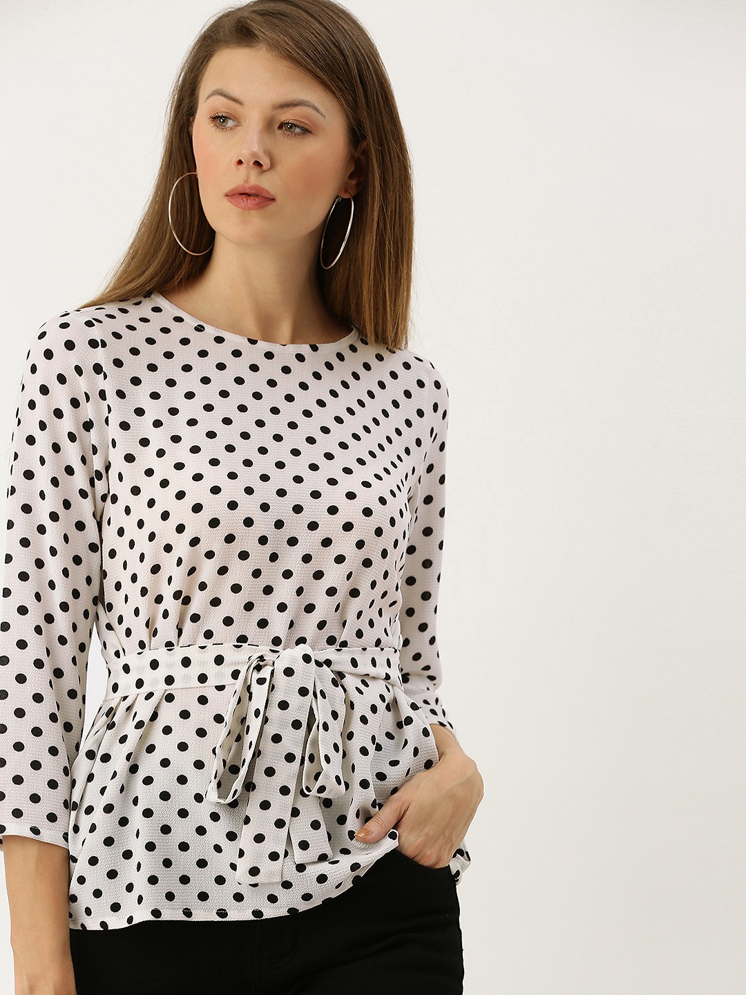 

AND Women White & Black Printed Top With Waist Tie-Up
