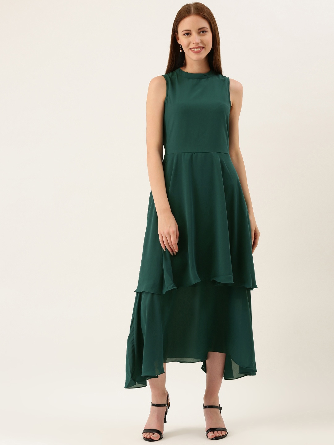

AND Women Green Solid Layered Fit and Flare Dress