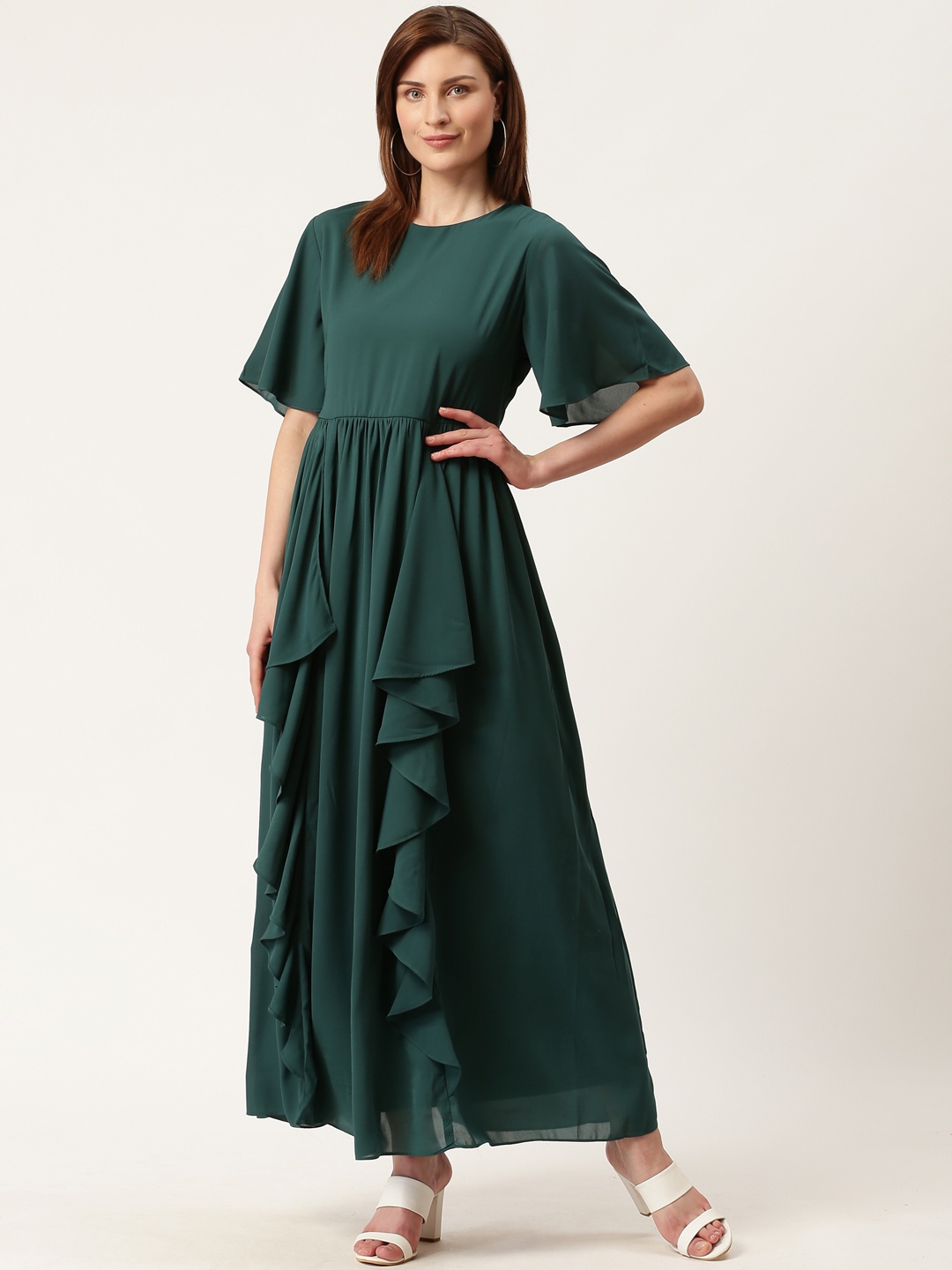 

AND Women Green Solid Ruffled Maxi Dress