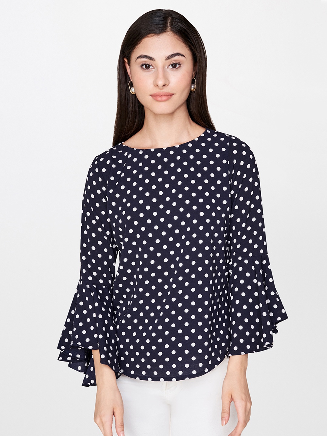 

AND Women Navy Blue & White Polka Printed Top with Bell Sleeves