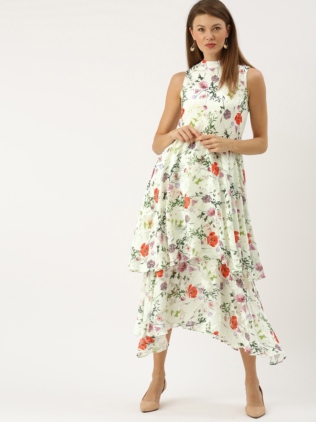 

AND Women White & Green Printed Tiered Fit and Flare Dress