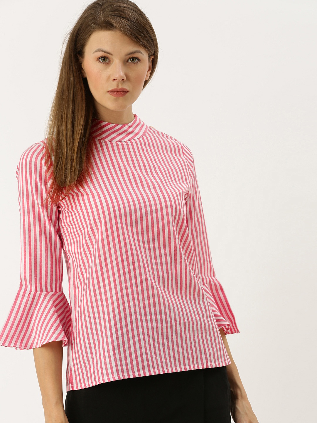 

AND Women Pink & White Striped Pure Cotton Top With Bell Sleeves