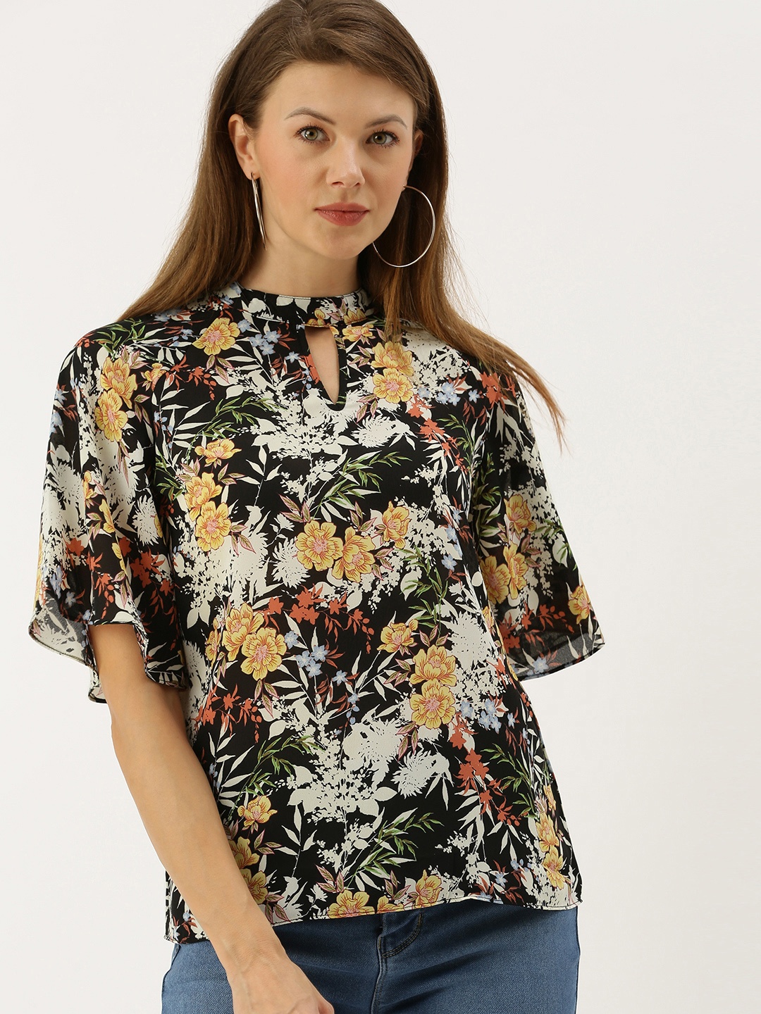 

AND Women Black & White Printed Keyhole Neck Top With Flared Sleeves