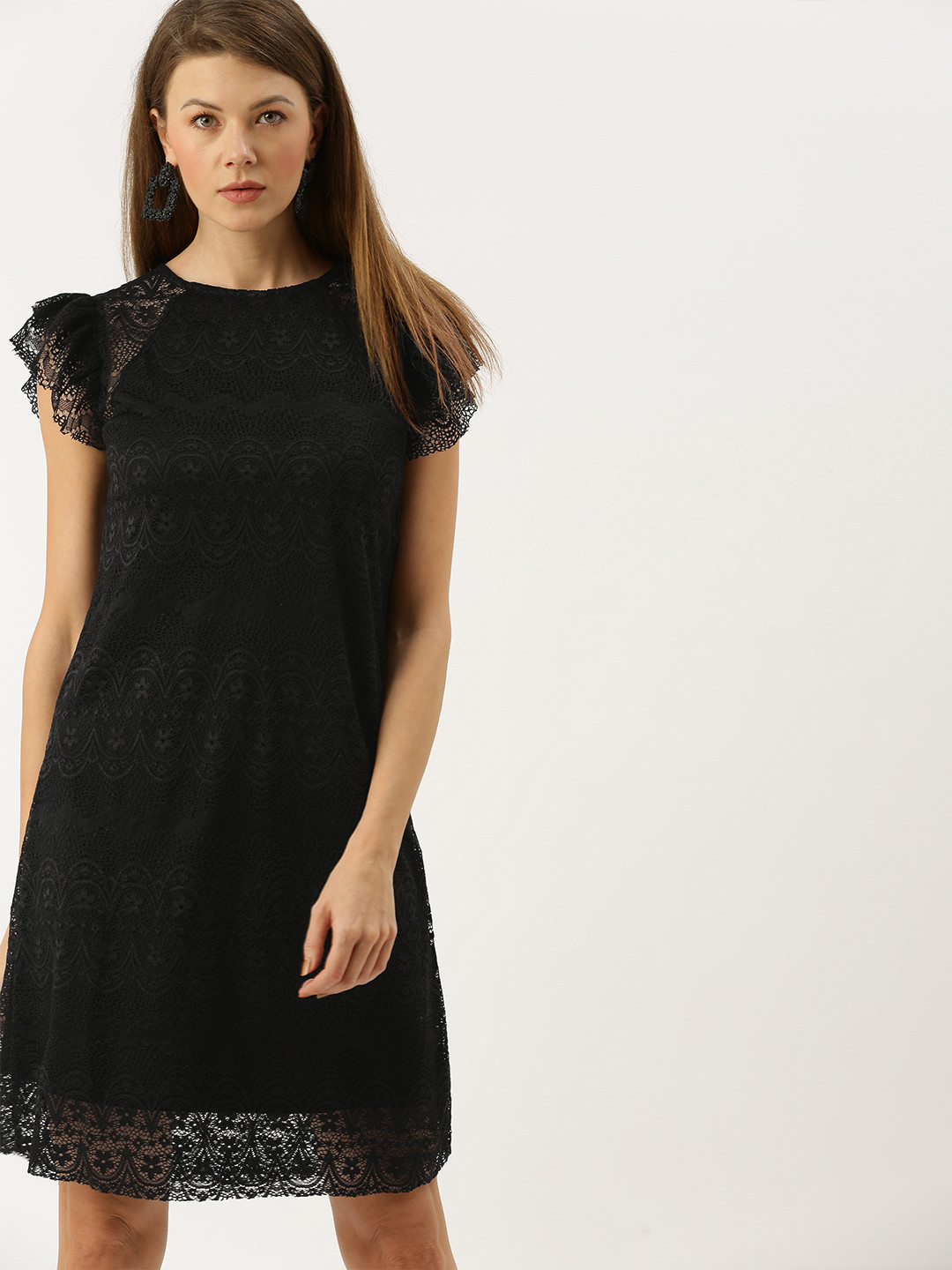 

AND Women Black Self Design A-Line Dress With Lace Inserts
