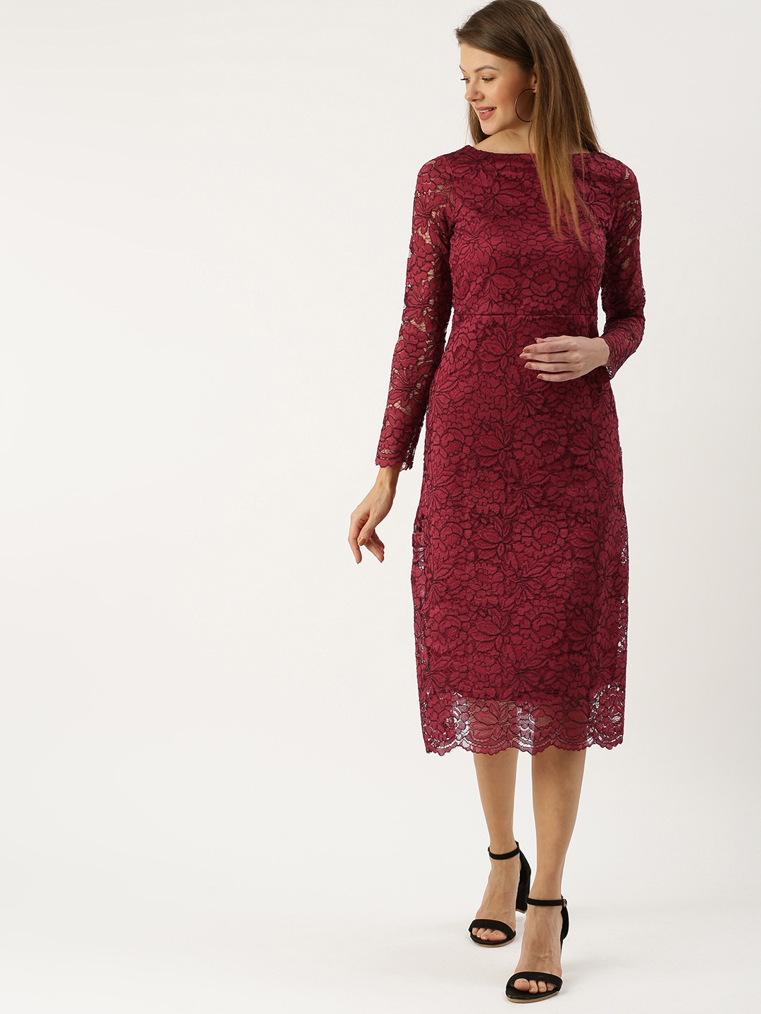 

AND Women Red Self Design A-Line Lace Dress With Tie-Ups