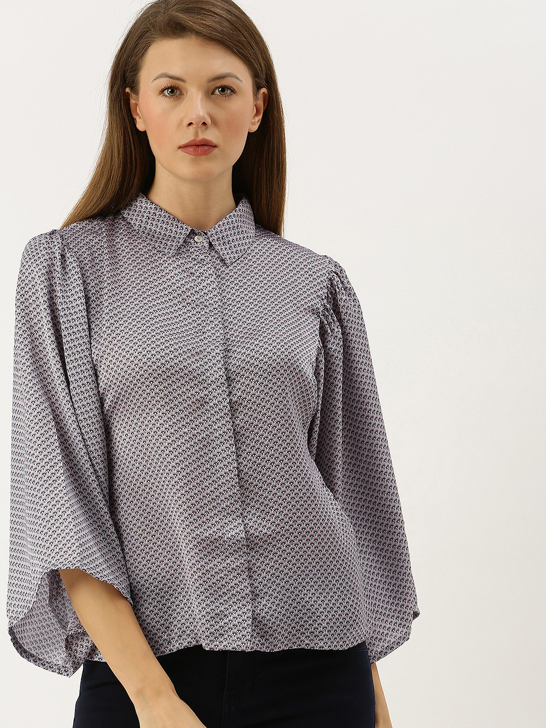 

AND Women Grey & Blue Printed Shirt Style Top With Flared Sleeves