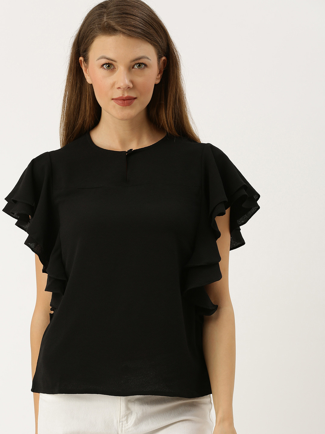 

AND Women Black Solid Top With Flutter Sleeves