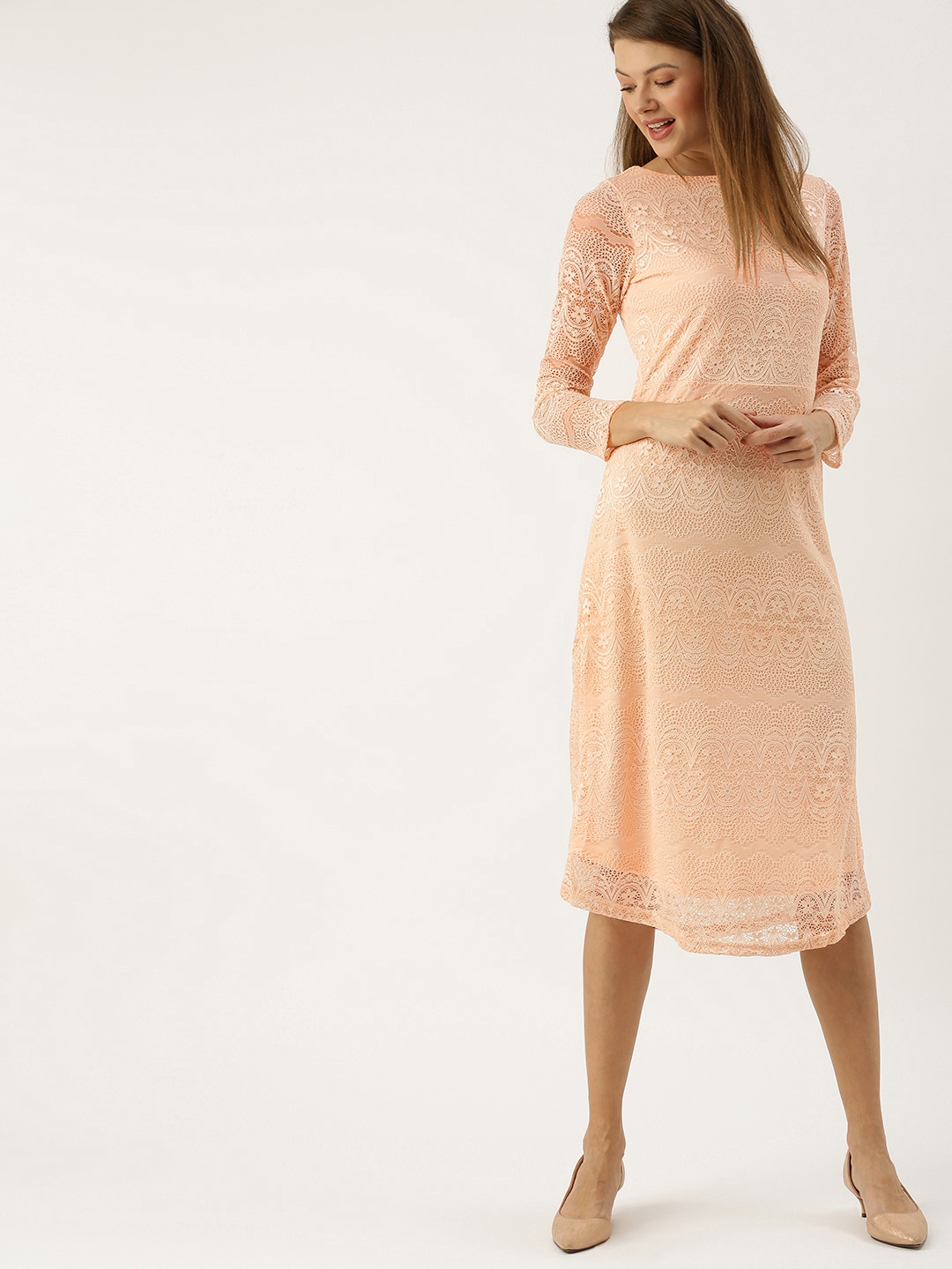 

AND Women Peach-Coloured Self Design A-Line Dress With Lace Inserts
