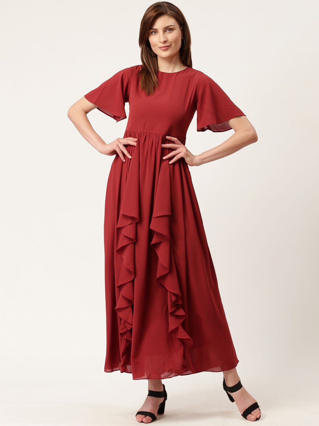 

AND Women Maroon Solid Ruffled Maxi Dress
