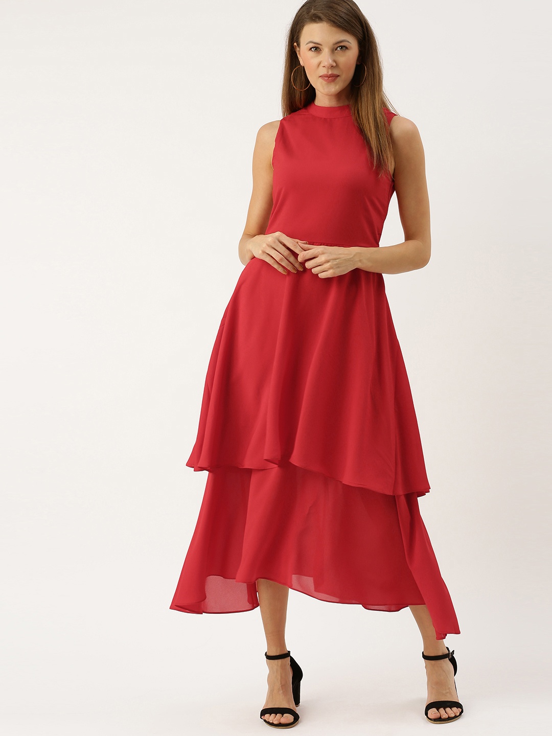 

AND Women Red Solid Fit and Flare Layered Dress With Tie-Ups