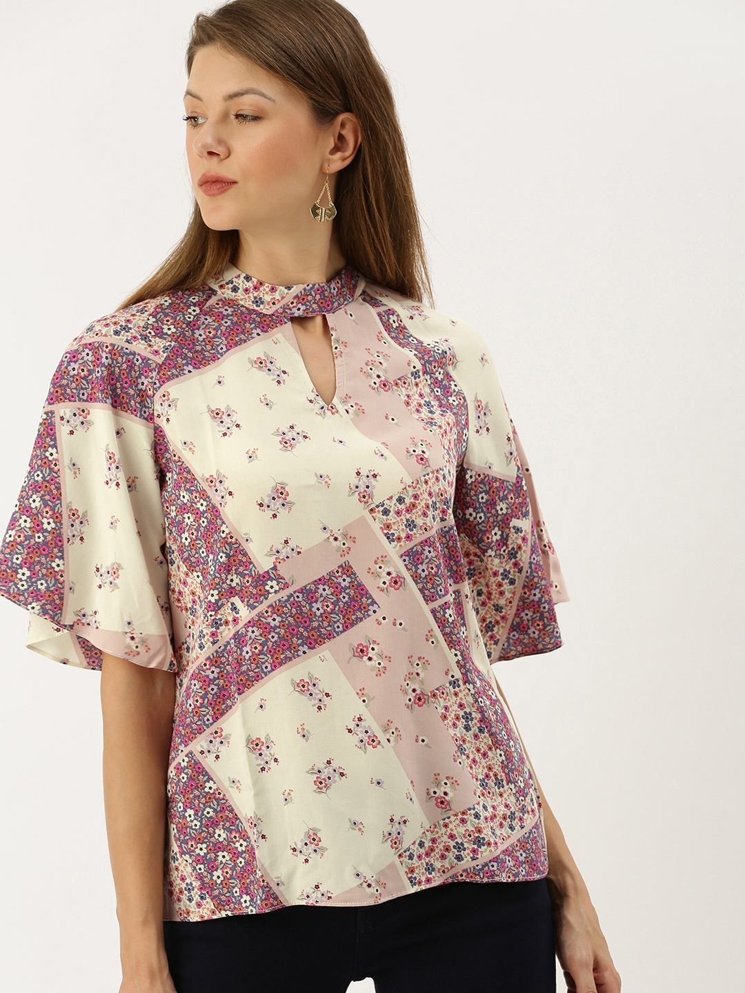 

AND Women Off-White & Pink Printed Keyhole Neck Top With Flared Sleeves
