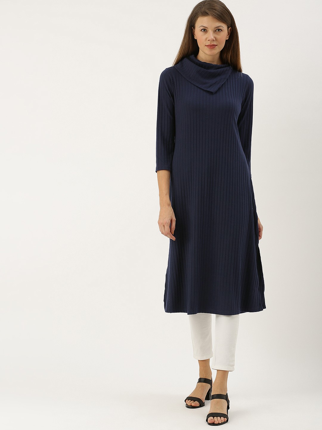 

AND Women Navy Blue Solid Knitted Straight Kurta
