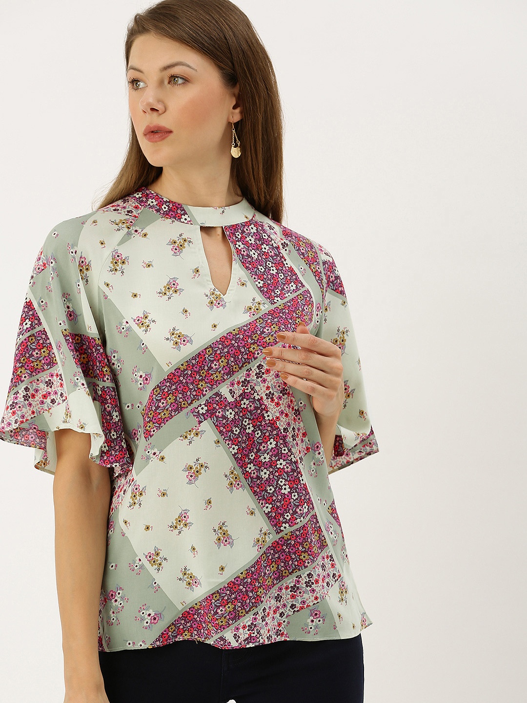 

AND Women White & Purple Printed Top With Flared Sleeves