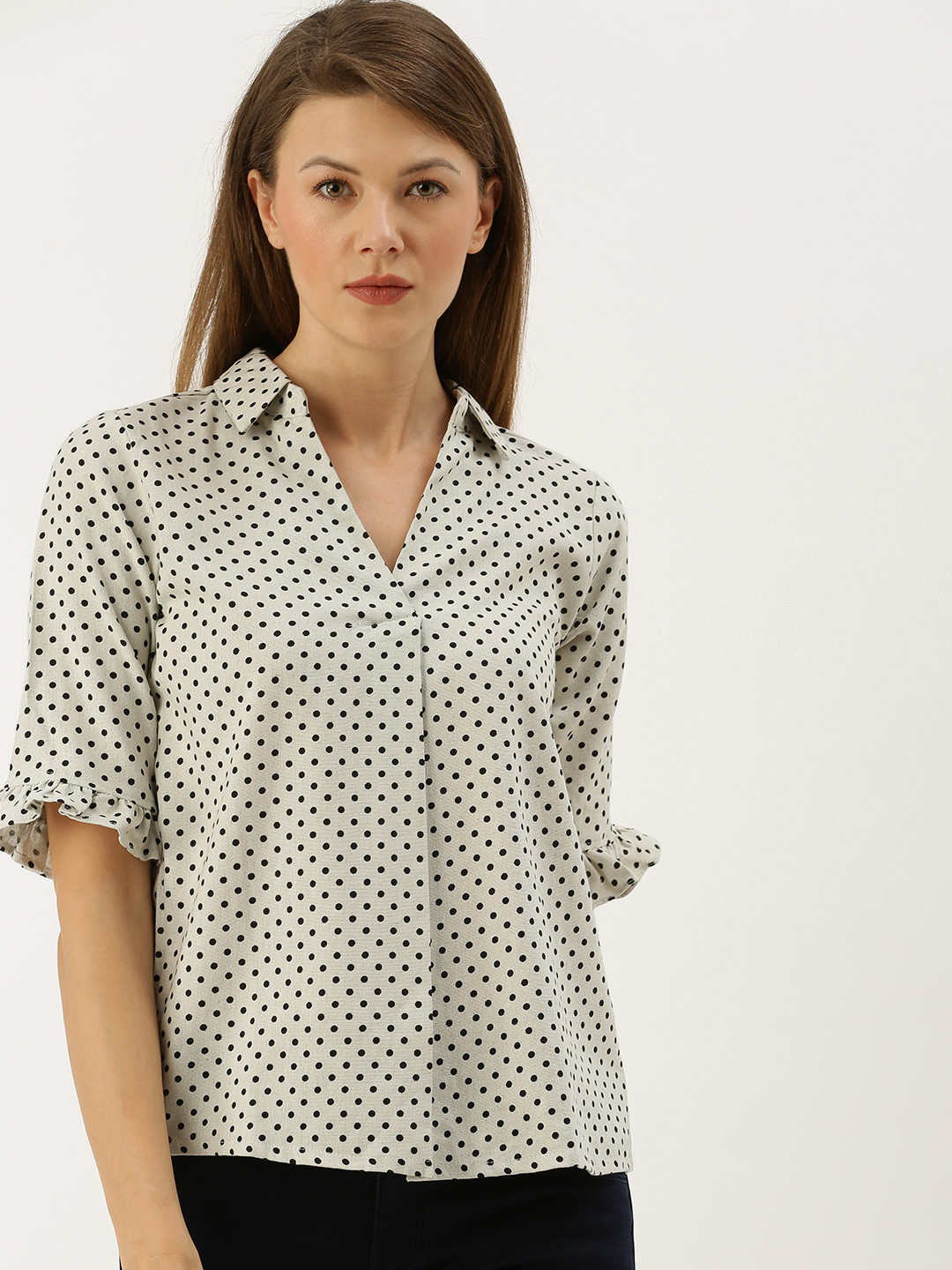 

AND Women Off-White & Black Printed Linen Shirt Collared Top With Pleated Detailing
