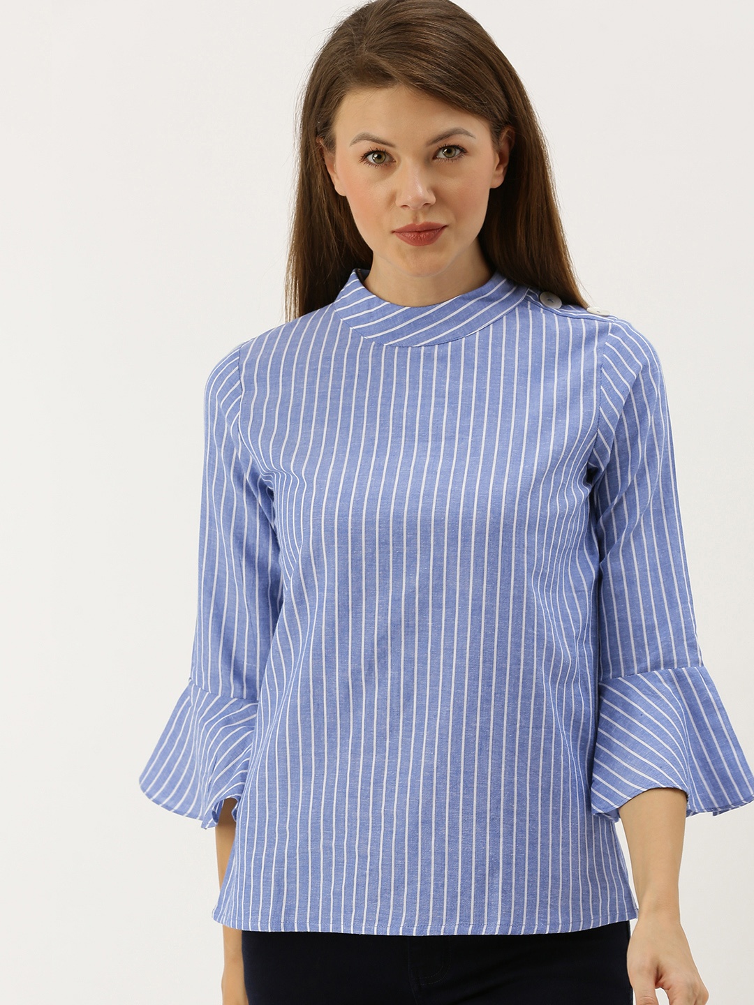 

AND Women Blue Striped Top With Bell Sleeves