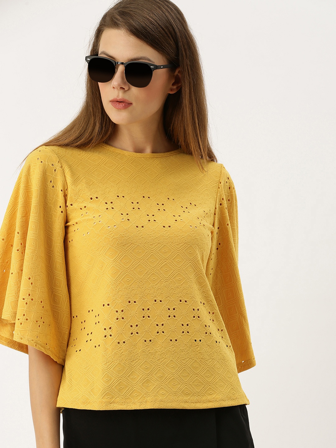 

AND Women Mustard Yellow Self Design Knitted Schiffli Top