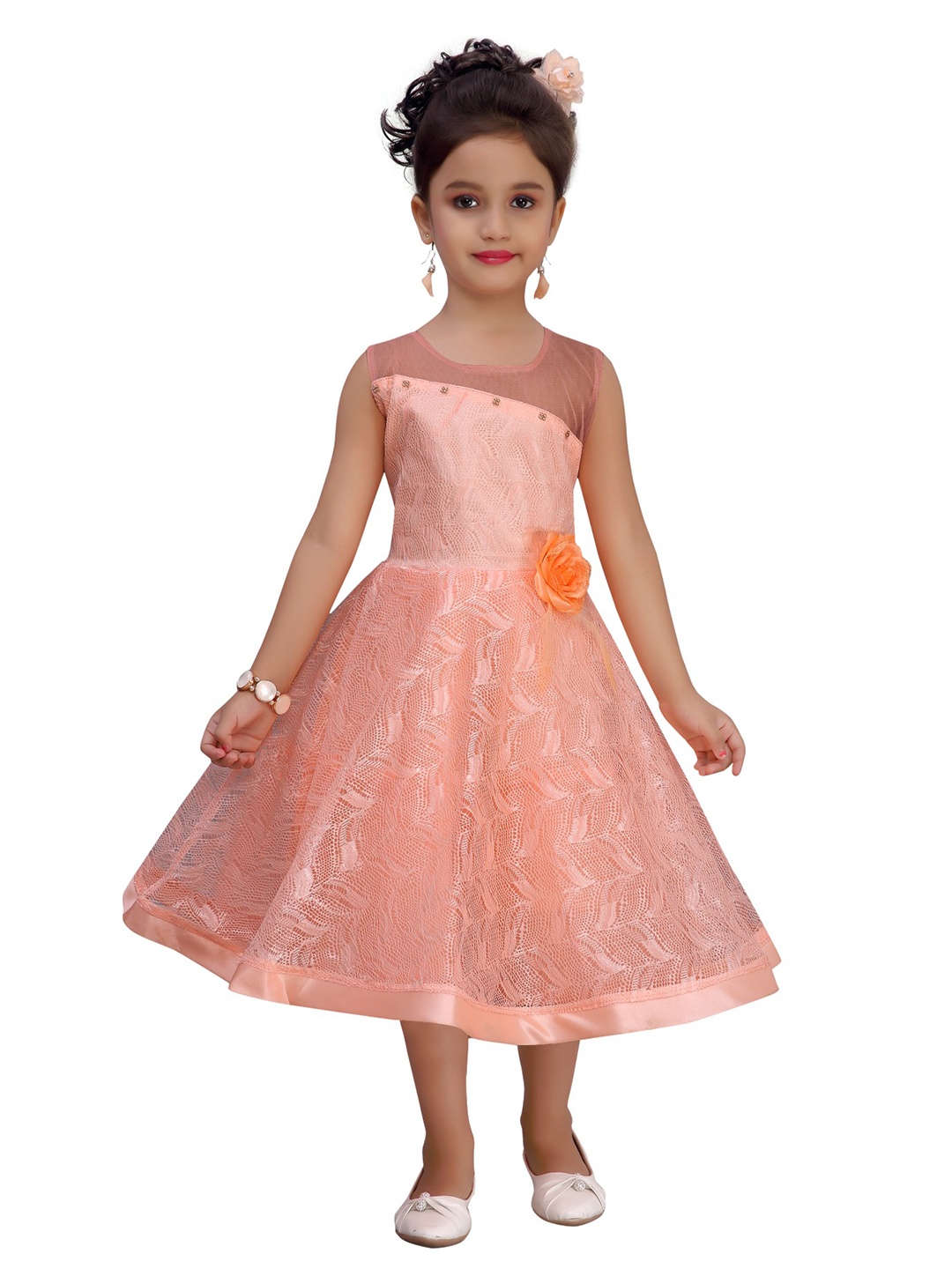 

Kidling Girls Peach-Coloured Self Design Fit and Flare Dress