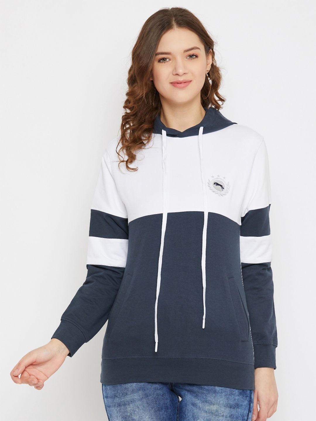 

JUMP USA Women White & Blue Colourblocked Hooded Sweatshirt