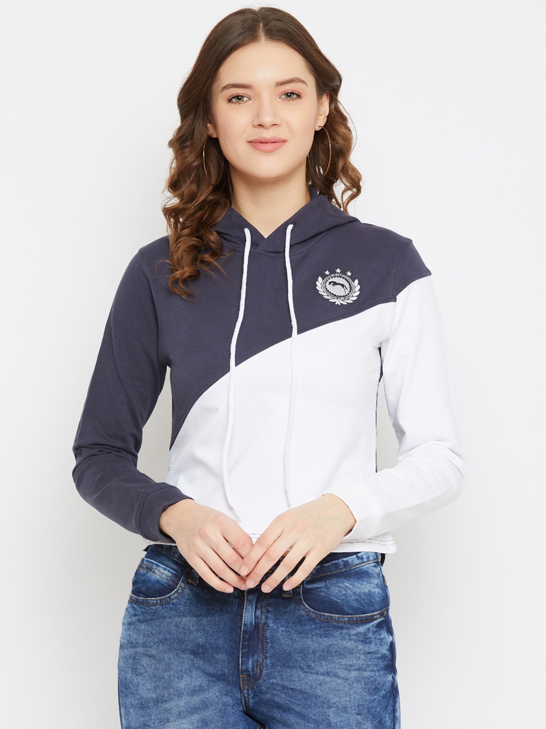 

JUMP USA Women Navy Blue & White Colourblocked Hooded Sweatshirt