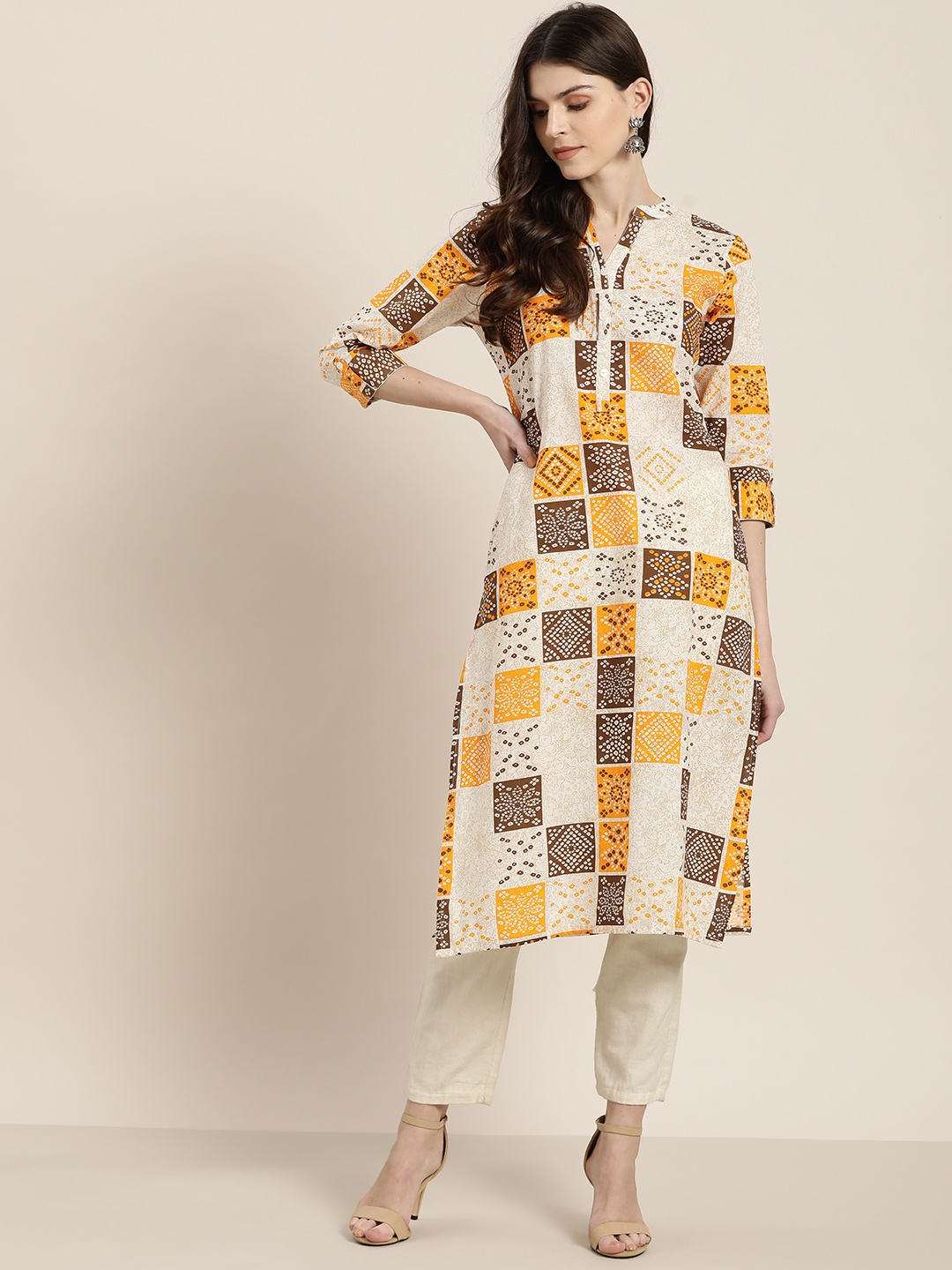 

Sangria Women Beige & Mustard Yellow Bandhani Print Straight Kurta