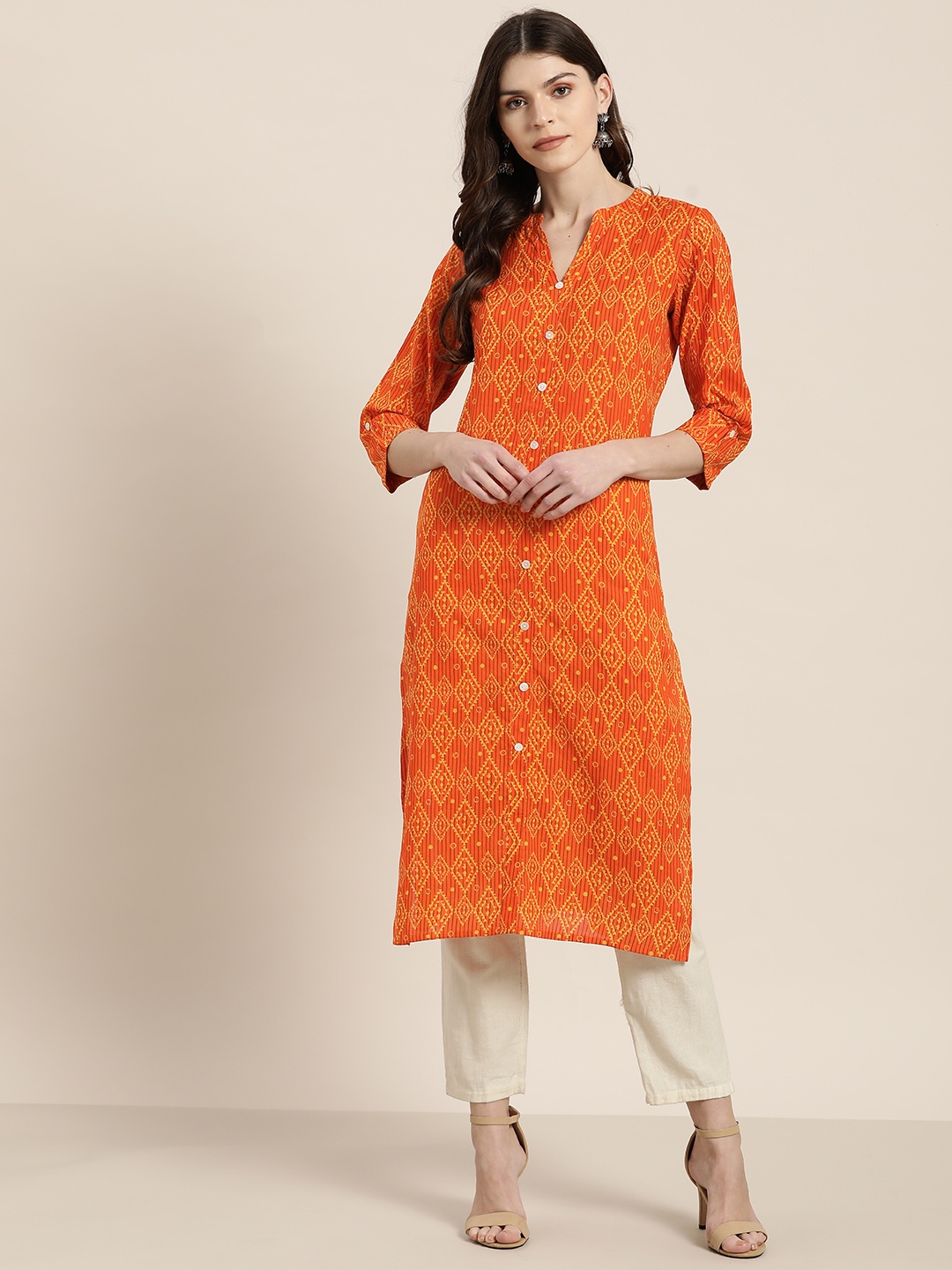 

Sangria Women Orange & Mustard Yellow Printed Straight Kurta