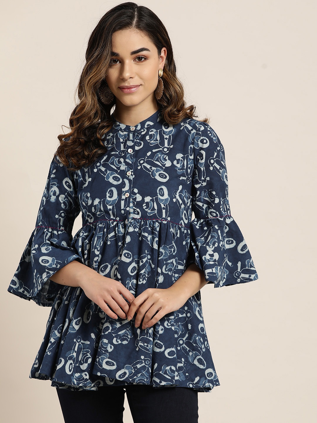 

Sangria Women Navy Blue & Off-White Printed Empire Pure Cotton Top