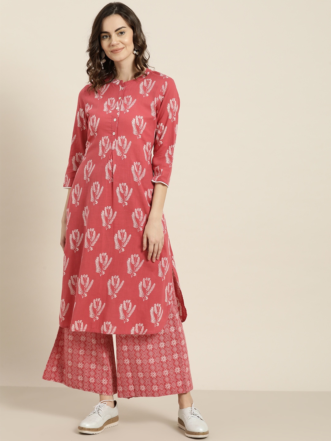

Sangria Women Pink & White Printed Kurta with Palazzos