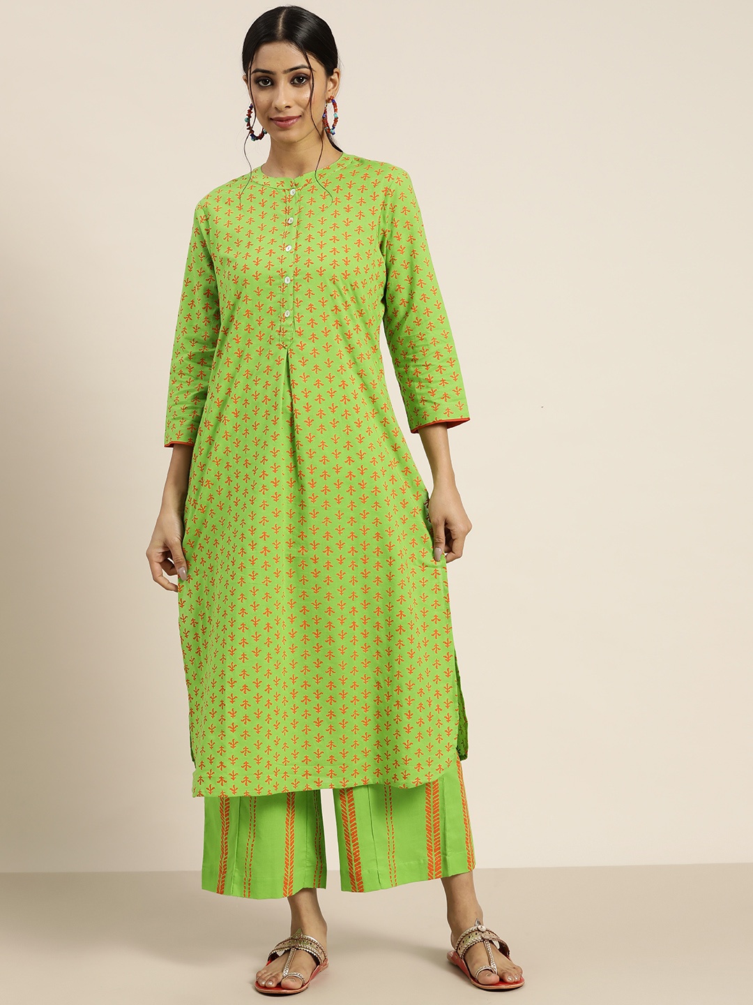 

Sangria Women Green & Orange Pure Cotton Printed Kurta with Palazzos