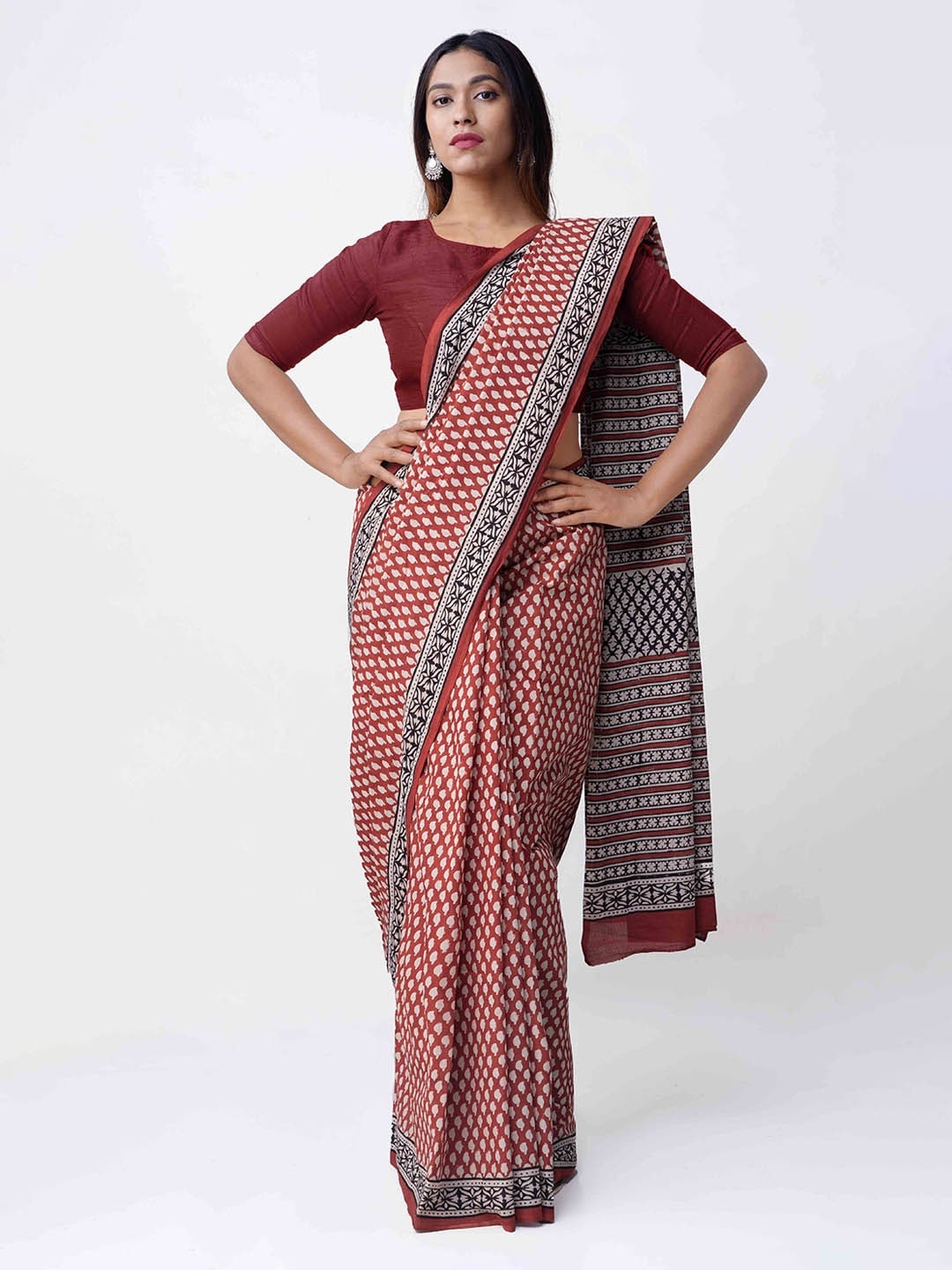 

Unnati Silks Red & Black Pure Cotton Printed Bagru Sustainable Saree