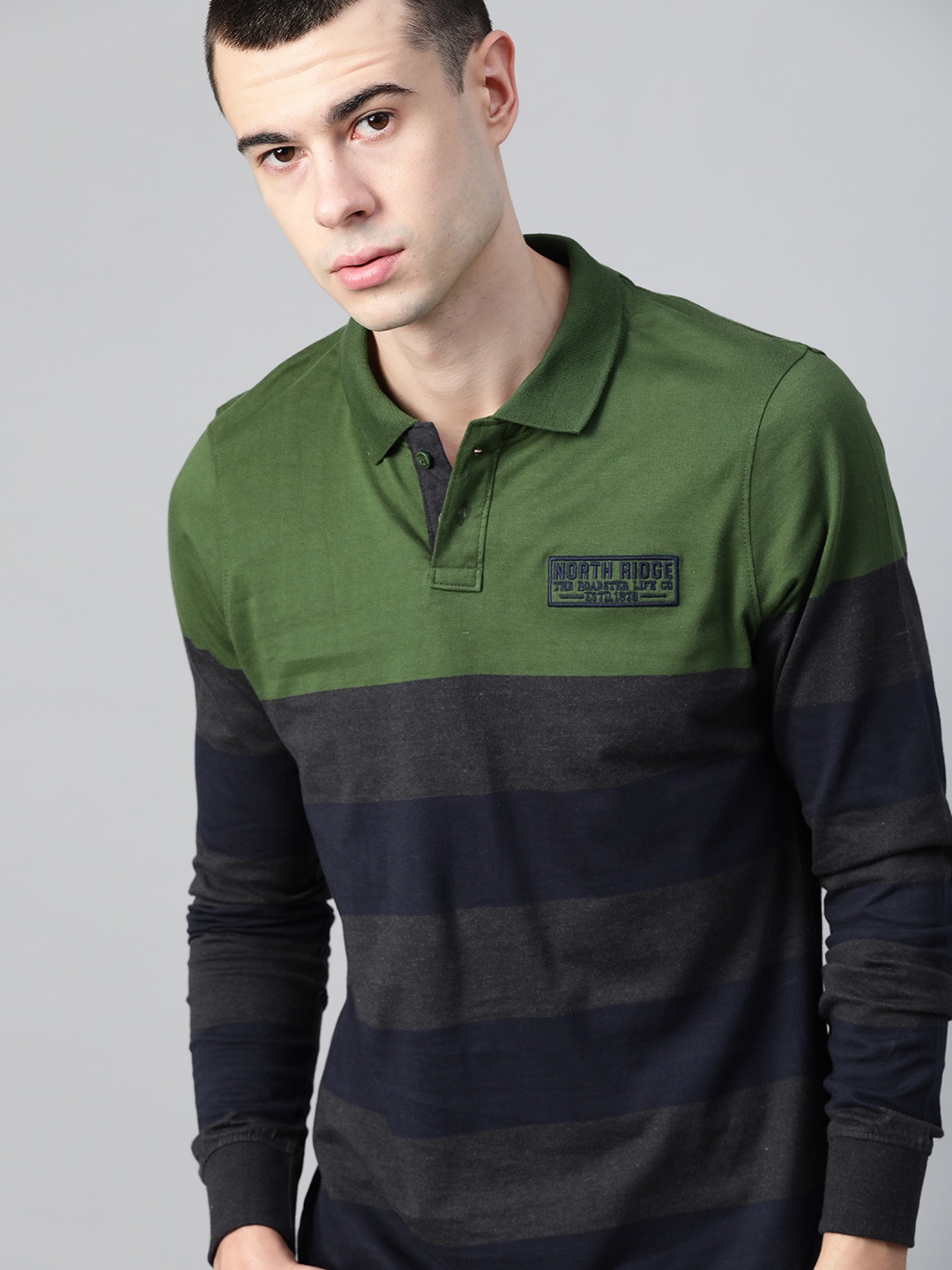 

Roadster Men Green & Charcoal Grey Striped Polo Collar T-shirt