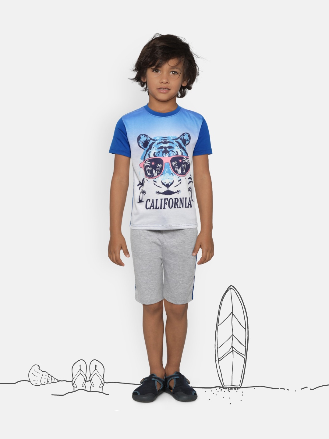 

Eteenz Boys Blue & Grey Melange Tiger Print T-shirt with Shorts