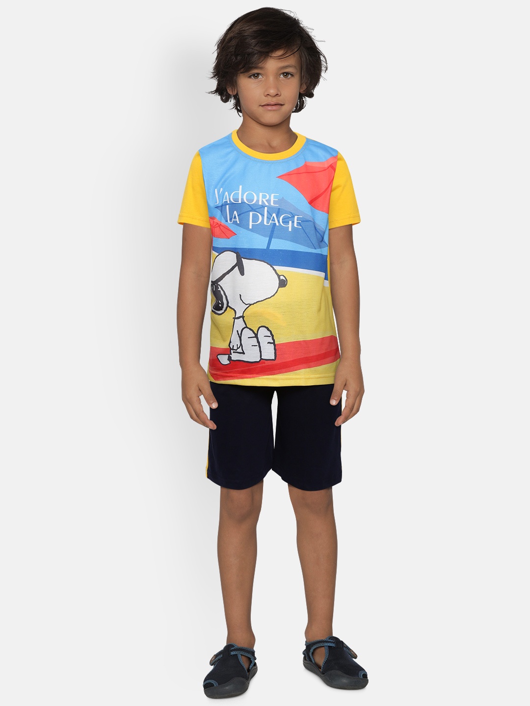 

Eteenz Boys Yellow & Navy Blue Snoopy Print T-shirt with Shorts