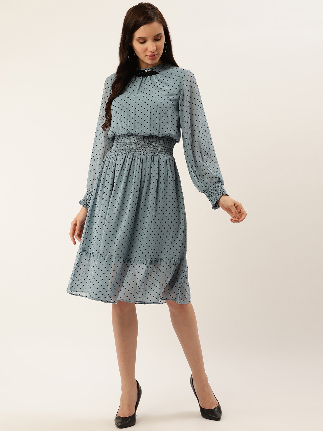 

Antheaa Women Blue & Black Printed A-Line Dress