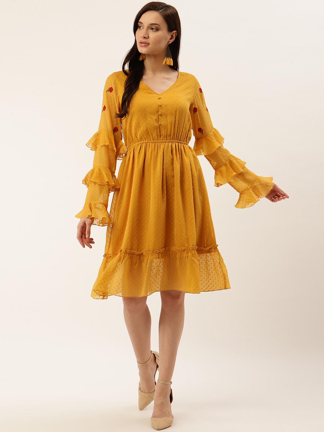 

Antheaa Women Mustard Yellow Dobby Weave A-Line Dress