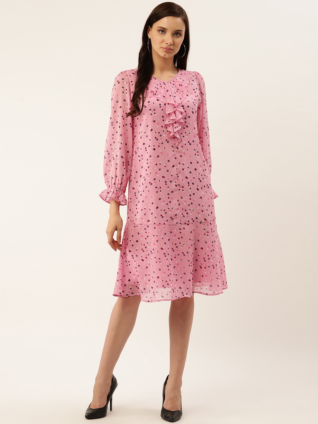 

Antheaa Women Pink & Navy Blue Printed A-Line Dress