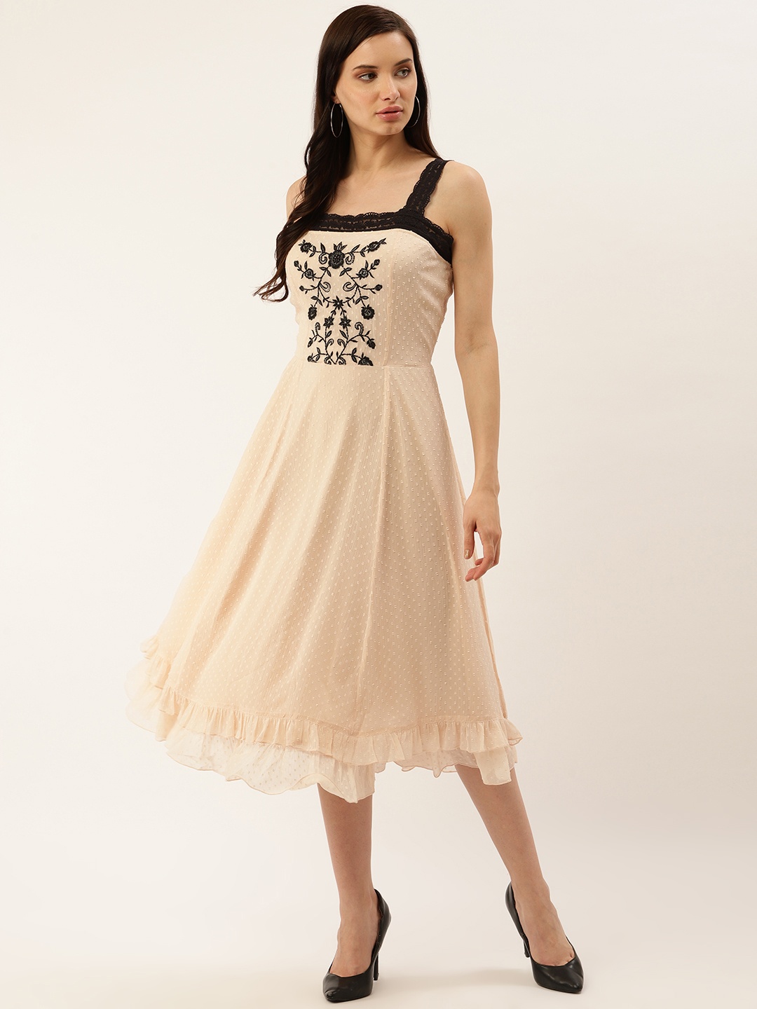 

Antheaa Women Peach-Coloured Dobby Weave Fit and Flare Dress