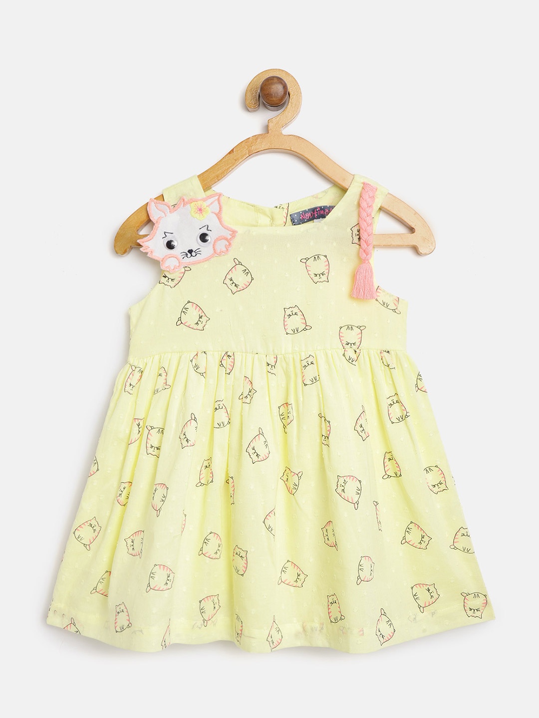 

Nauti Nati Girls Yellow & Black Cat Printed A-Line Dress With Brief