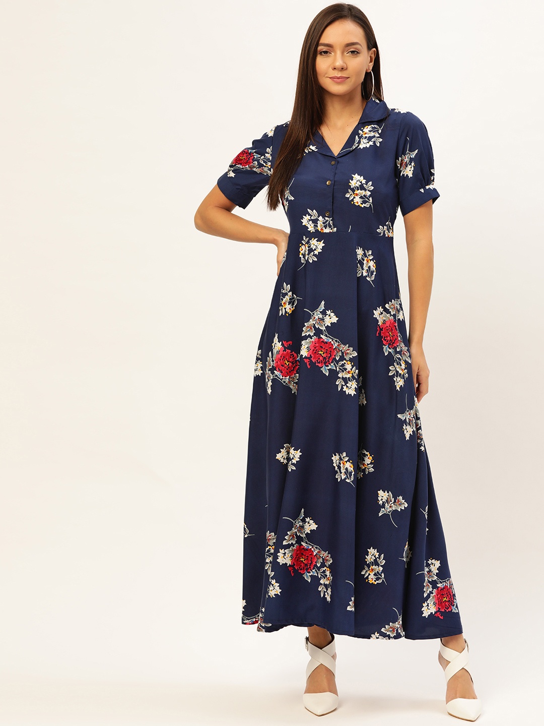 

U&F Navy Blue & White Floral Printed Maxi Dress