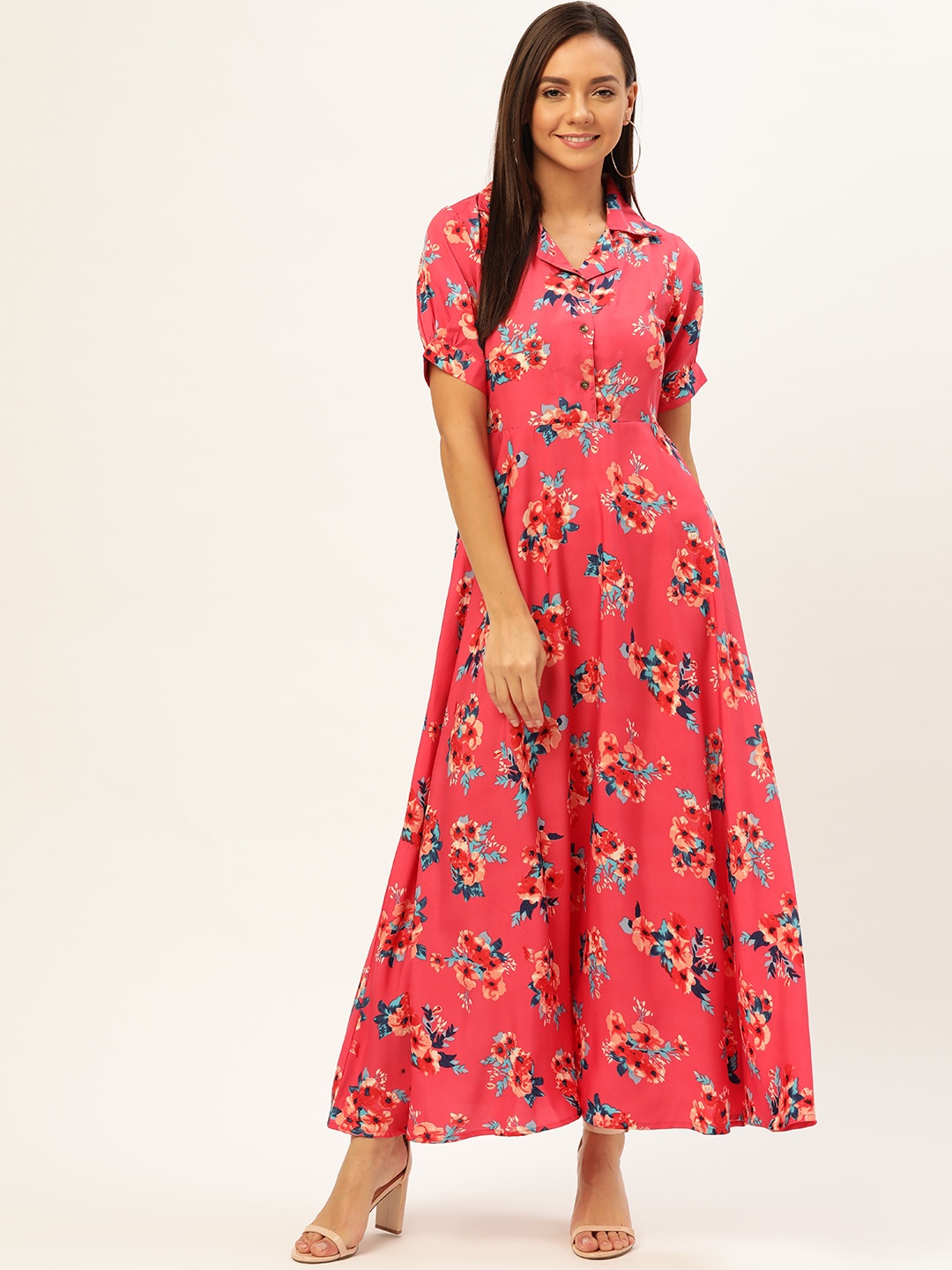 

U&F Women Pink & Blue Printed Maxi Dress