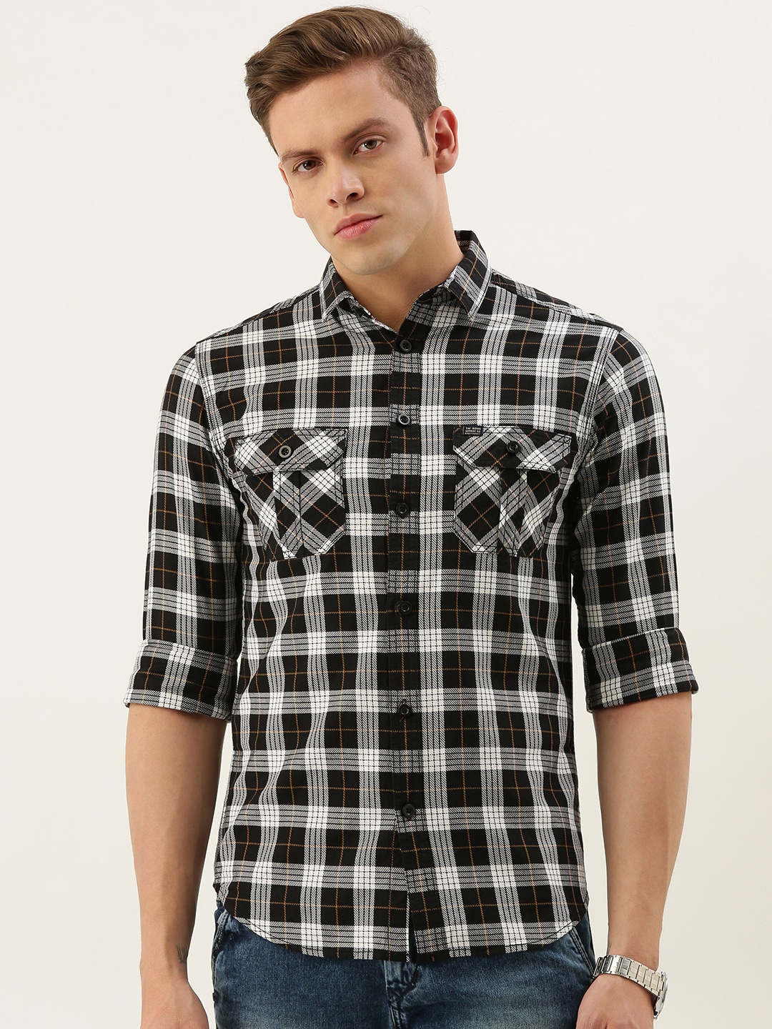 

The Indian Garage Co Men Black & White Checked Slim Fit Casual Shirt