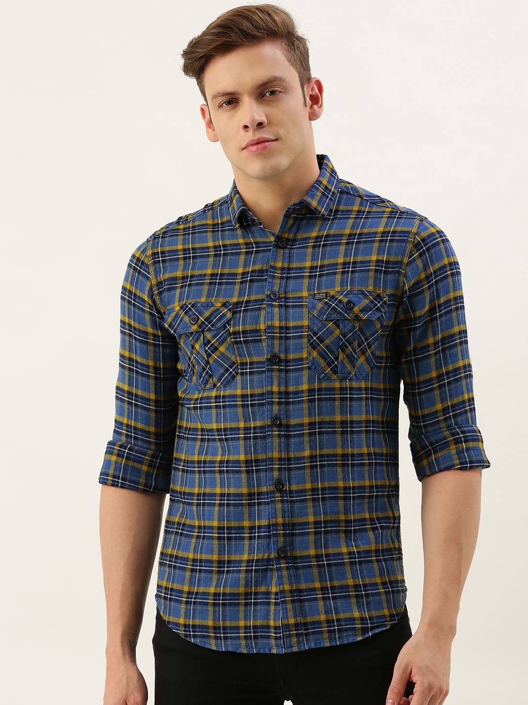 

The Indian Garage Co Men Mustard Yellow & Navy Blue Checked Slim Fit Casual Shirt